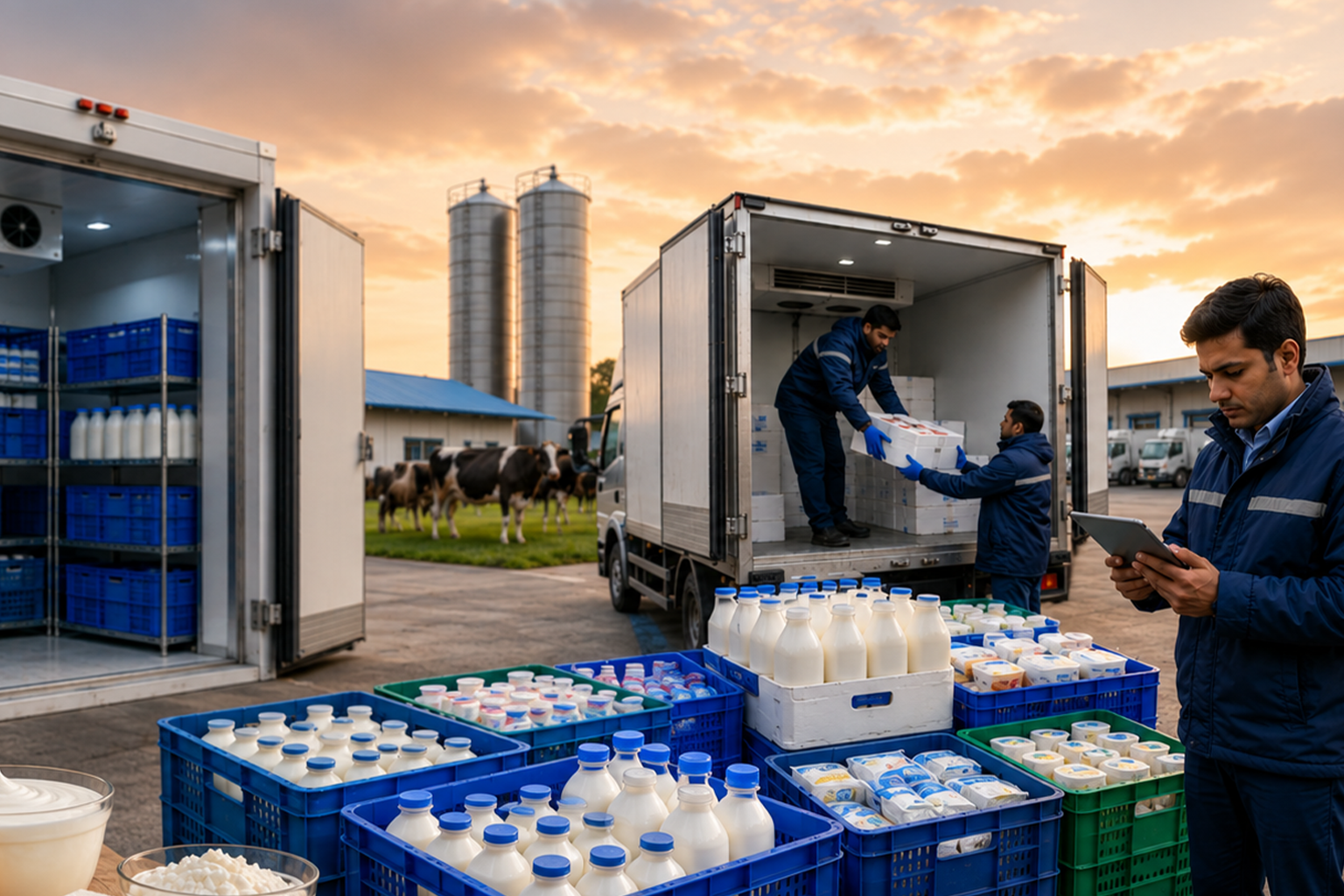 Milk van and cold chain logistics infrastructure supporting a dairy business in India from farm collection to distribution